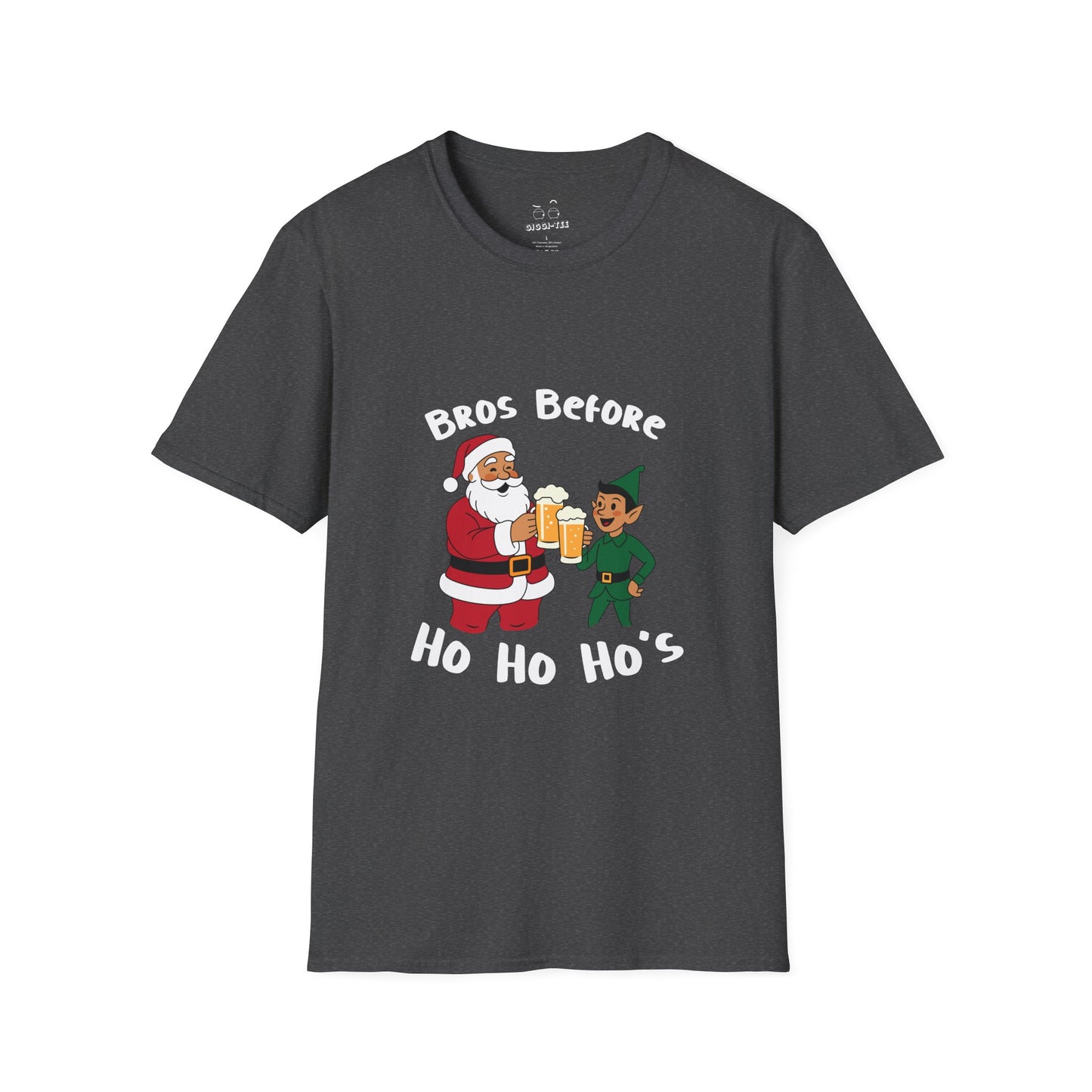 Illustration of Santa Claus and an elf clinking beer glasses with the phrase “Bros Before Ho Ho Ho’s” in a retro Christmas design.