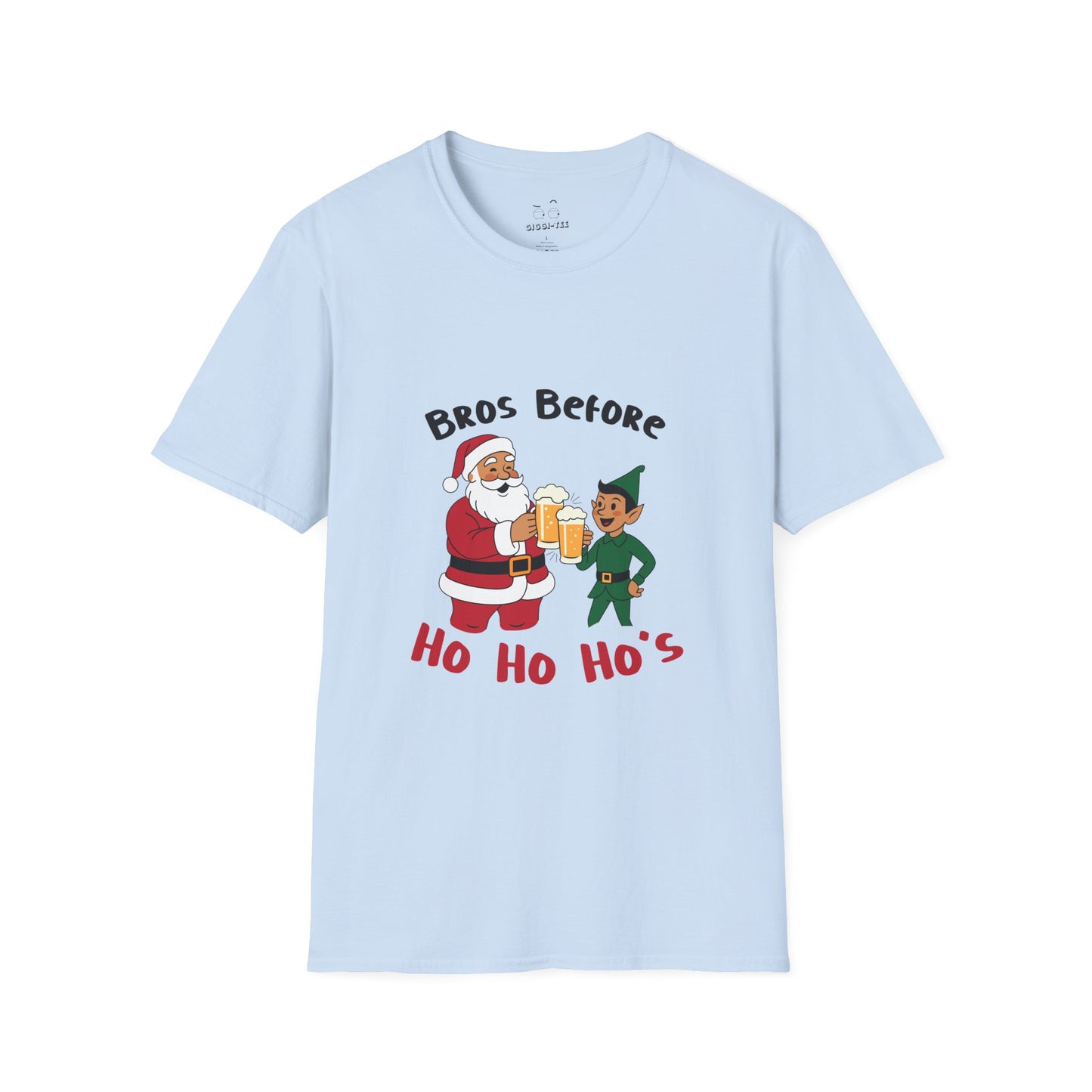 Illustration of Santa Claus and an elf clinking beer glasses with the phrase “Bros Before Ho Ho Ho’s” in a retro Christmas design.