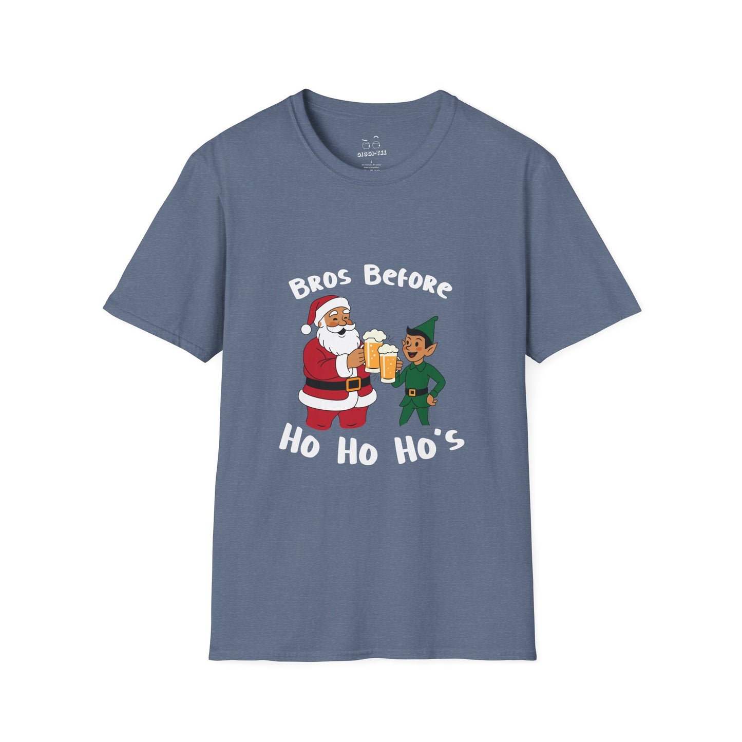 Illustration of Santa Claus and an elf clinking beer glasses with the phrase “Bros Before Ho Ho Ho’s” in a retro Christmas design.
