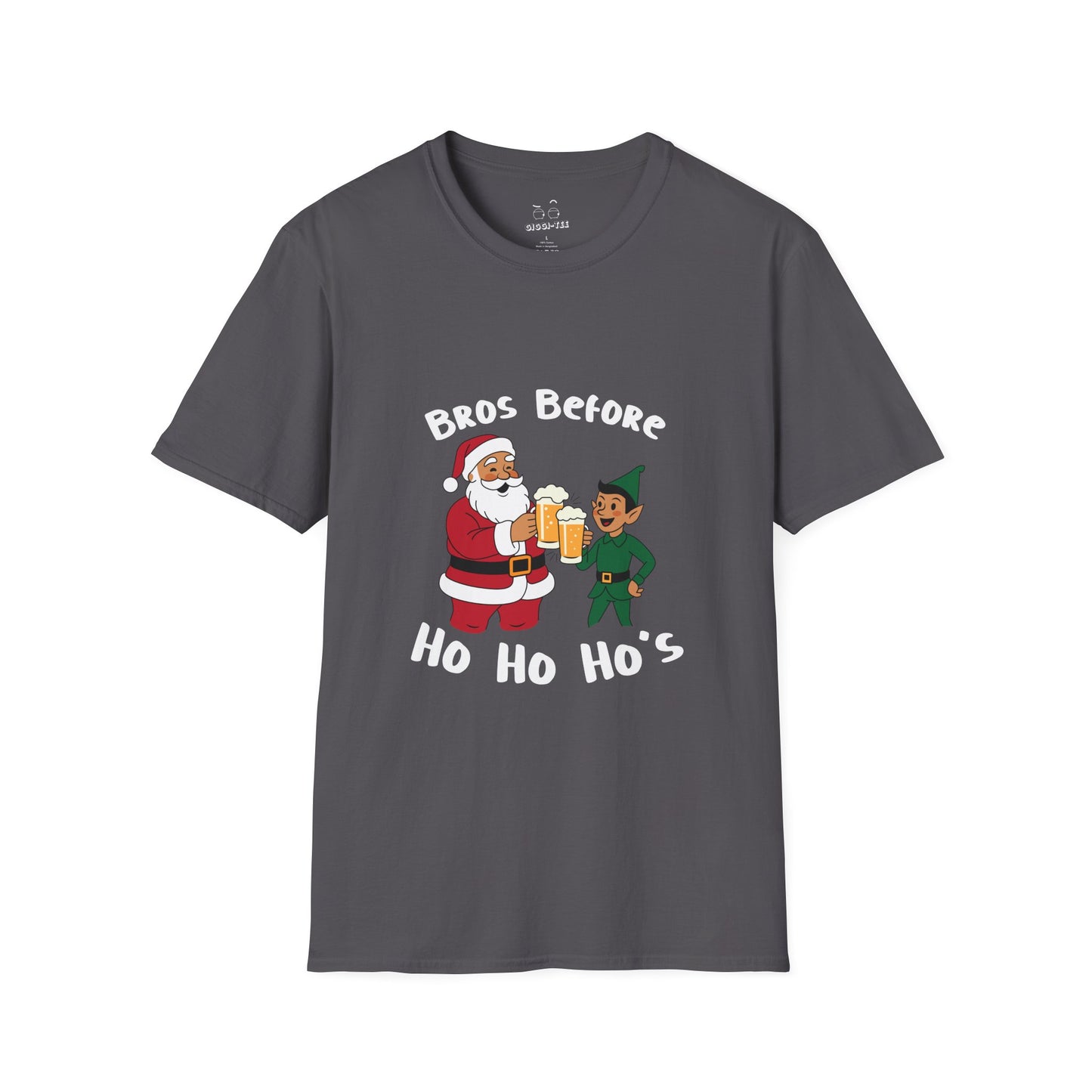 Illustration of Santa Claus and an elf clinking beer glasses with the phrase “Bros Before Ho Ho Ho’s” in a retro Christmas design.