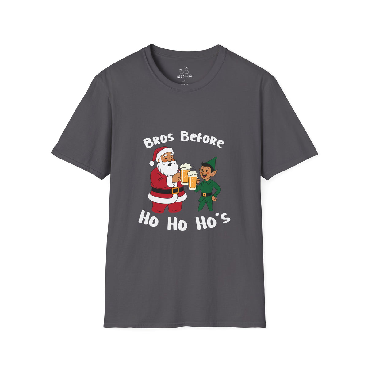 Illustration of Santa Claus and an elf clinking beer glasses with the phrase “Bros Before Ho Ho Ho’s” in a retro Christmas shirt design.