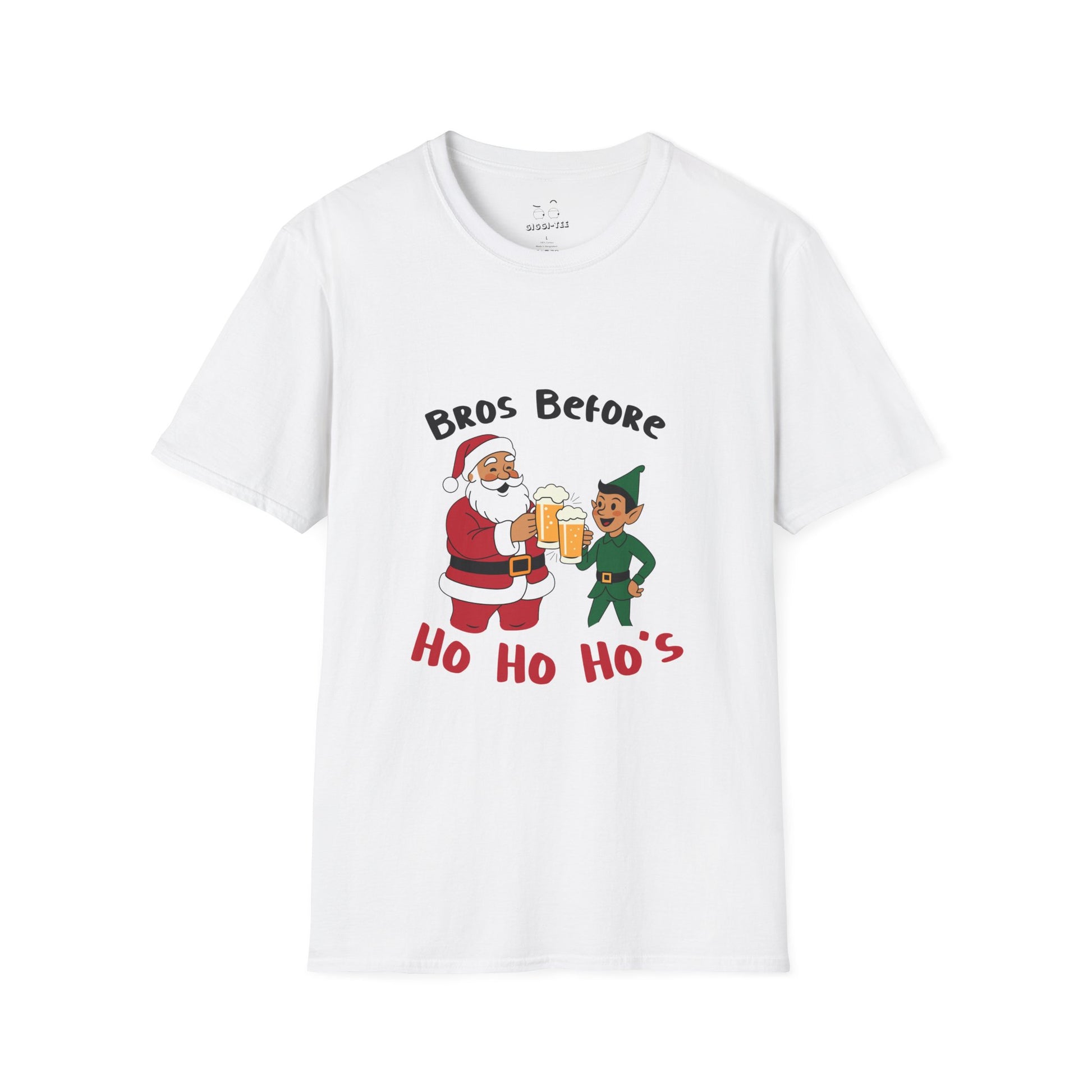Illustration of Santa Claus and an elf clinking beer glasses with the phrase “Bros Before Ho Ho Ho’s” in a retro Christmas design.