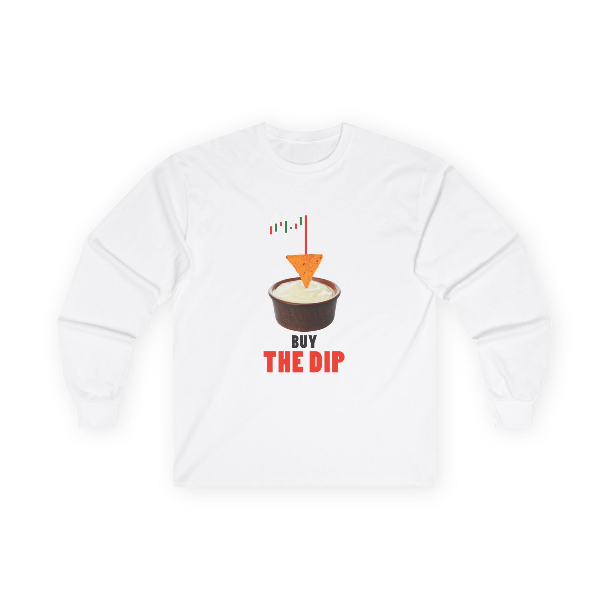 “Buy the Dip t-shirt design with nacho chip in dip bowl and candlestick chart, last red candle dropping into the dip.