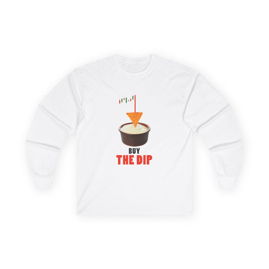 “Buy the Dip t-shirt design with nacho chip in dip bowl and candlestick chart, last red candle dropping into the dip.