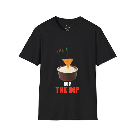 “Buy the Dip t-shirt design with nacho chip in dip bowl and candlestick chart, last red candle dropping into the dip.