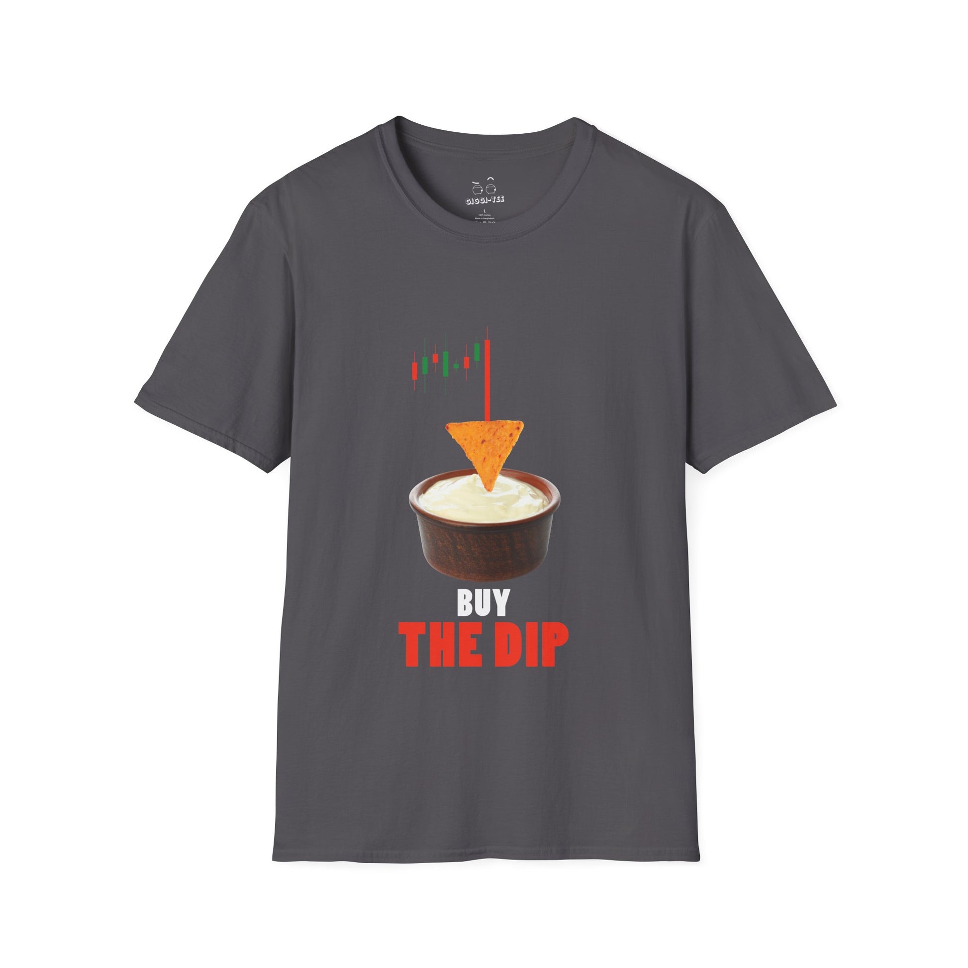 “Buy the Dip t-shirt design with nacho chip in dip bowl and candlestick chart, last red candle dropping into the dip.