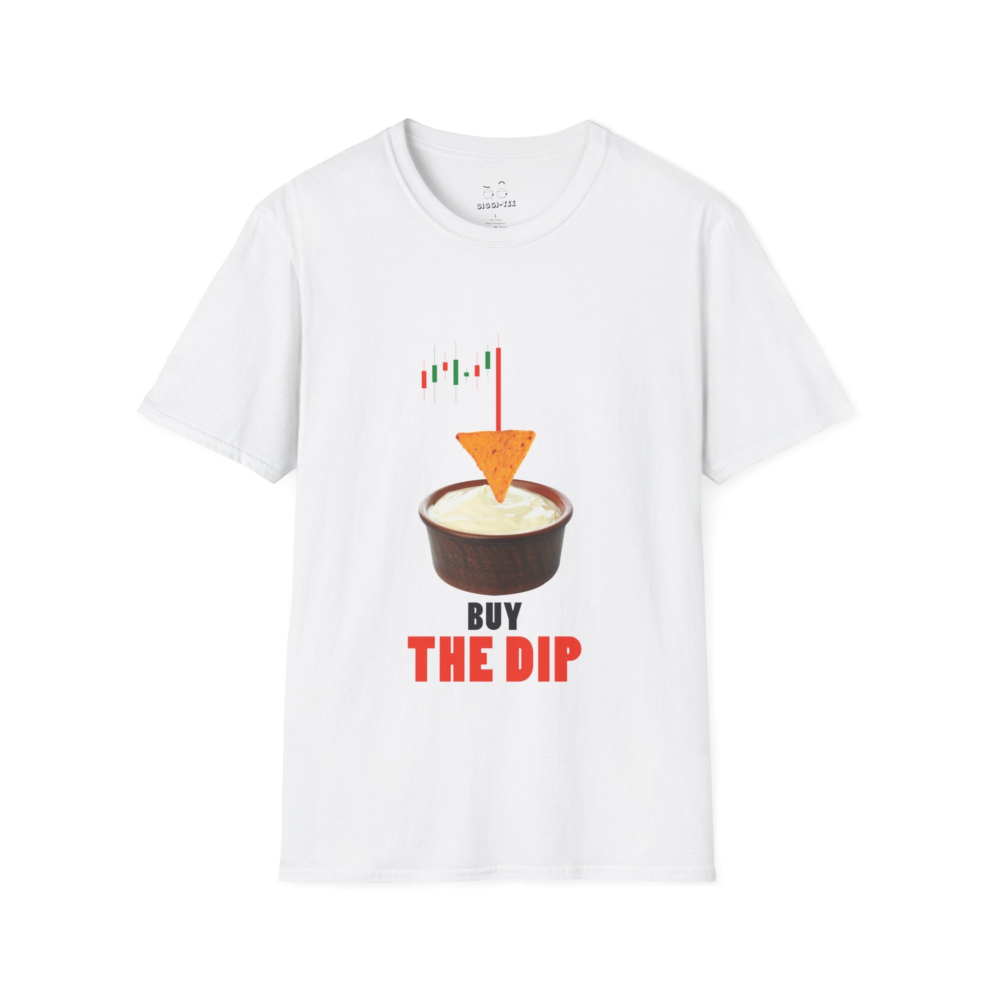 “Buy the Dip t-shirt design with nacho chip in dip bowl and candlestick chart, last red candle dropping into the dip.