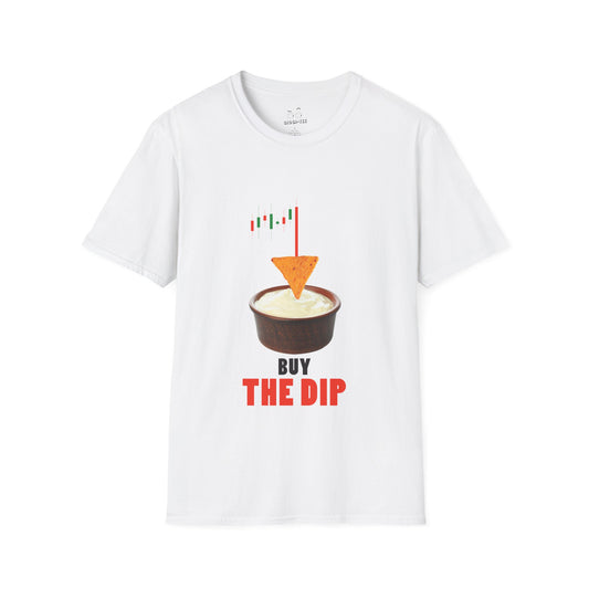 “Buy the Dip t-shirt design with nacho chip in dip bowl and candlestick chart, last red candle dropping into the dip.