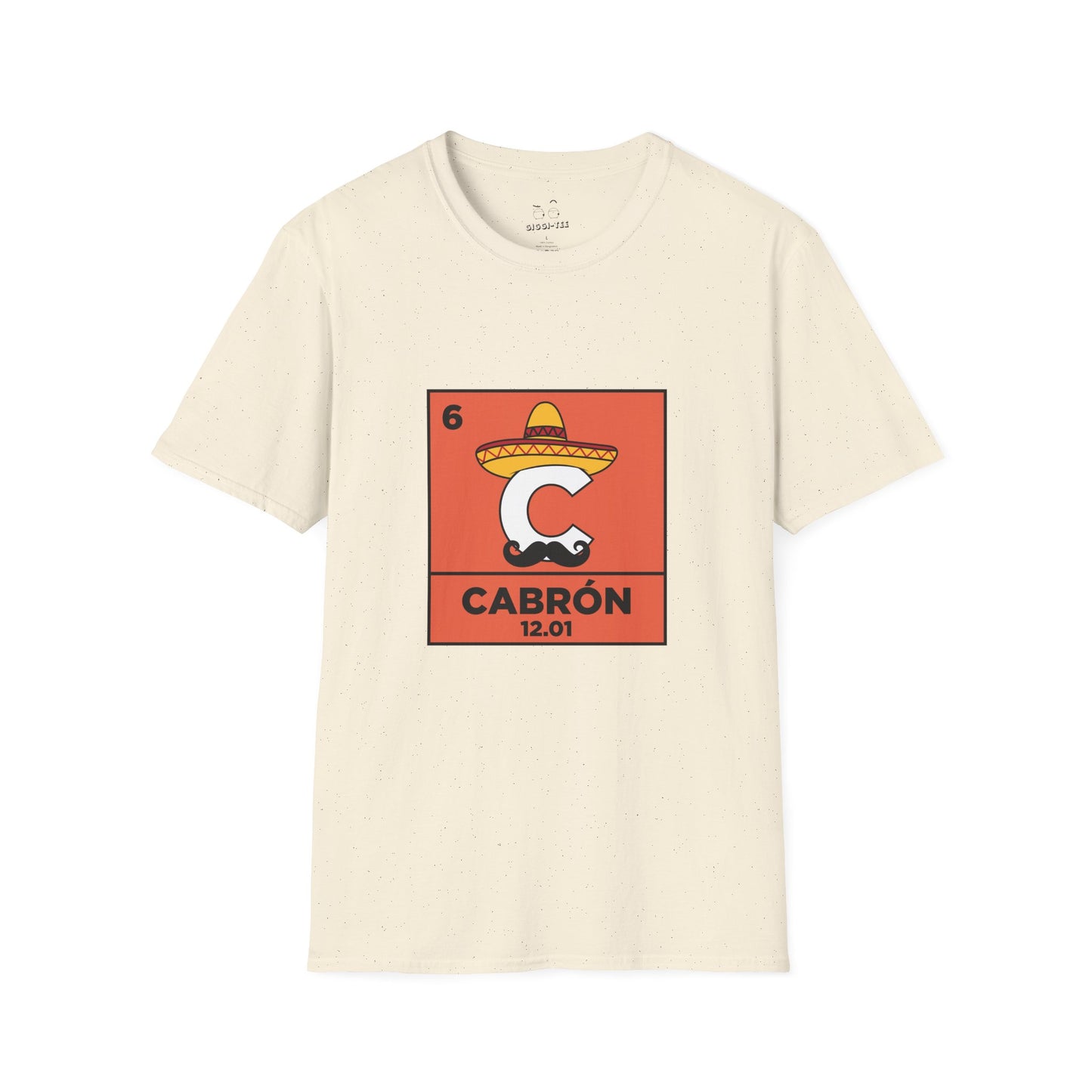 Periodic table element Carbon transformed into Cabrón wearing a sombrero and Mexican mustache in a humorous parody design.