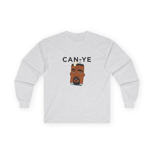Funny pop culture shirt design showing a metal can with Kanye West’s face, a clever wordplay on “Can Ye” parodying Kanye.