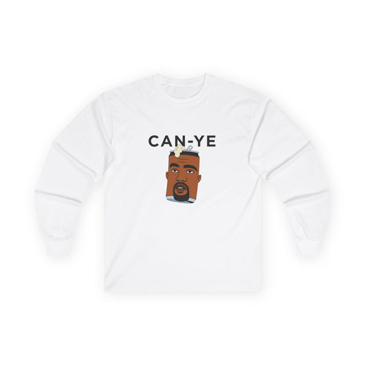 Funny pop culture shirt design showing a metal can with Kanye West’s face, a clever wordplay on “Can Ye” parodying Kanye.