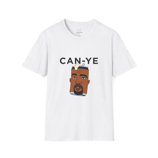 Funny pop culture shirt design showing a metal can with Kanye West’s face, a clever wordplay on “Can Ye” parodying Kanye.