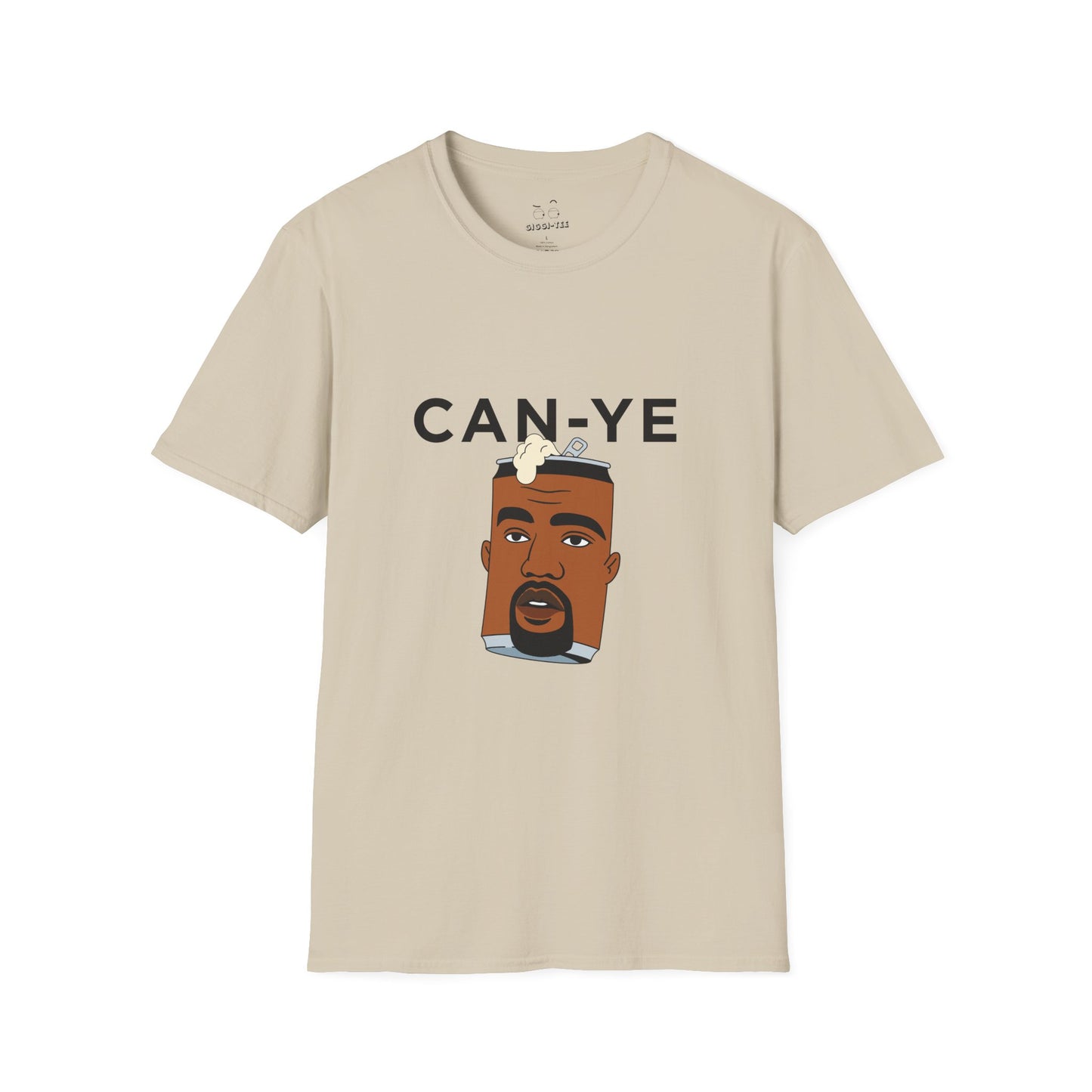 Funny pop culture shirt design showing a metal can with Kanye West’s face, a clever wordplay on “Can Ye” parodying Kanye.
