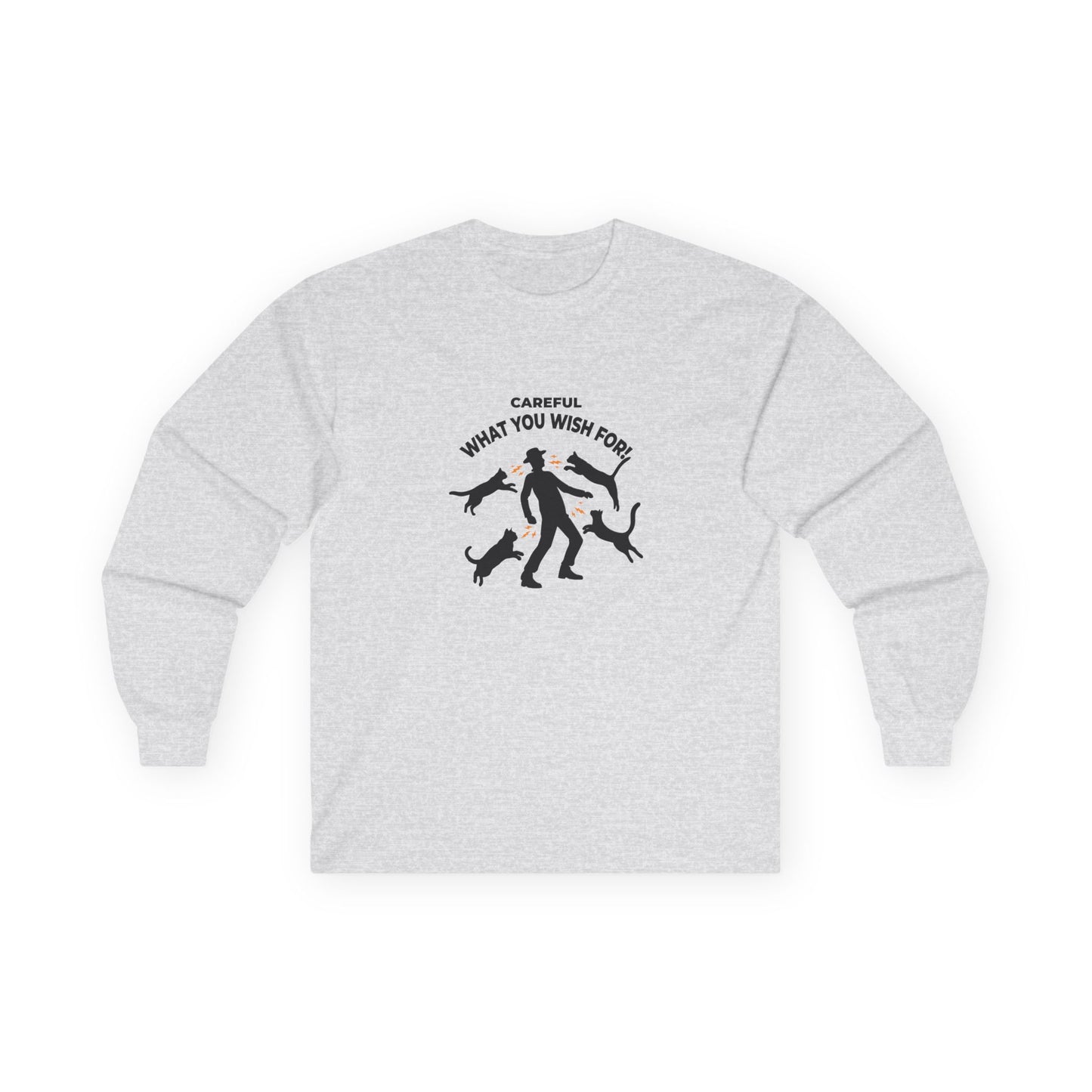 Pussy Magnet (Careful What You Wish For) shirt showing a silhouette man attracting multiple cats like a magnet humorous cat pun design