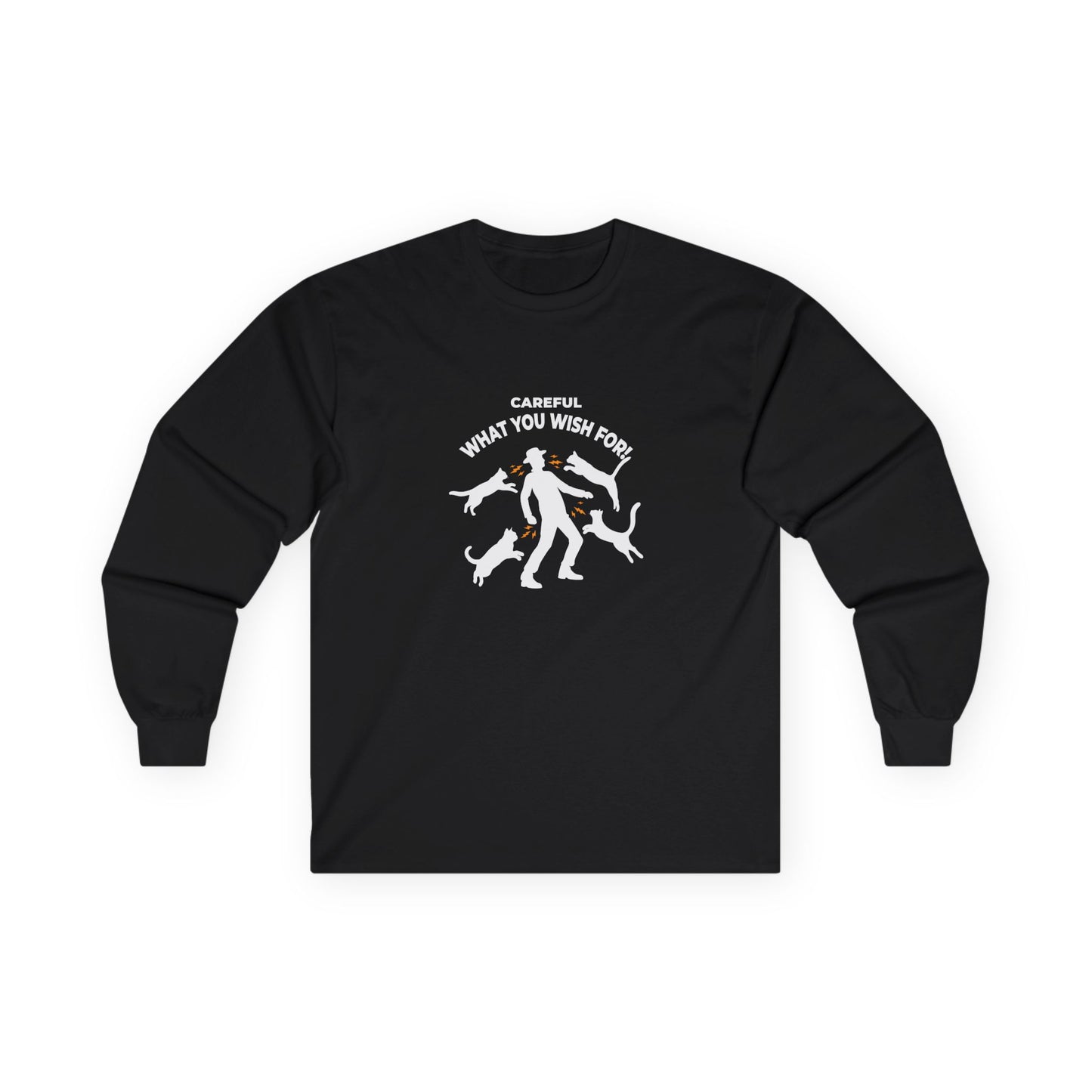 Pussy Magnet (Careful What You Wish For) shirt showing a silhouette man attracting multiple cats like a magnet humorous cat pun design