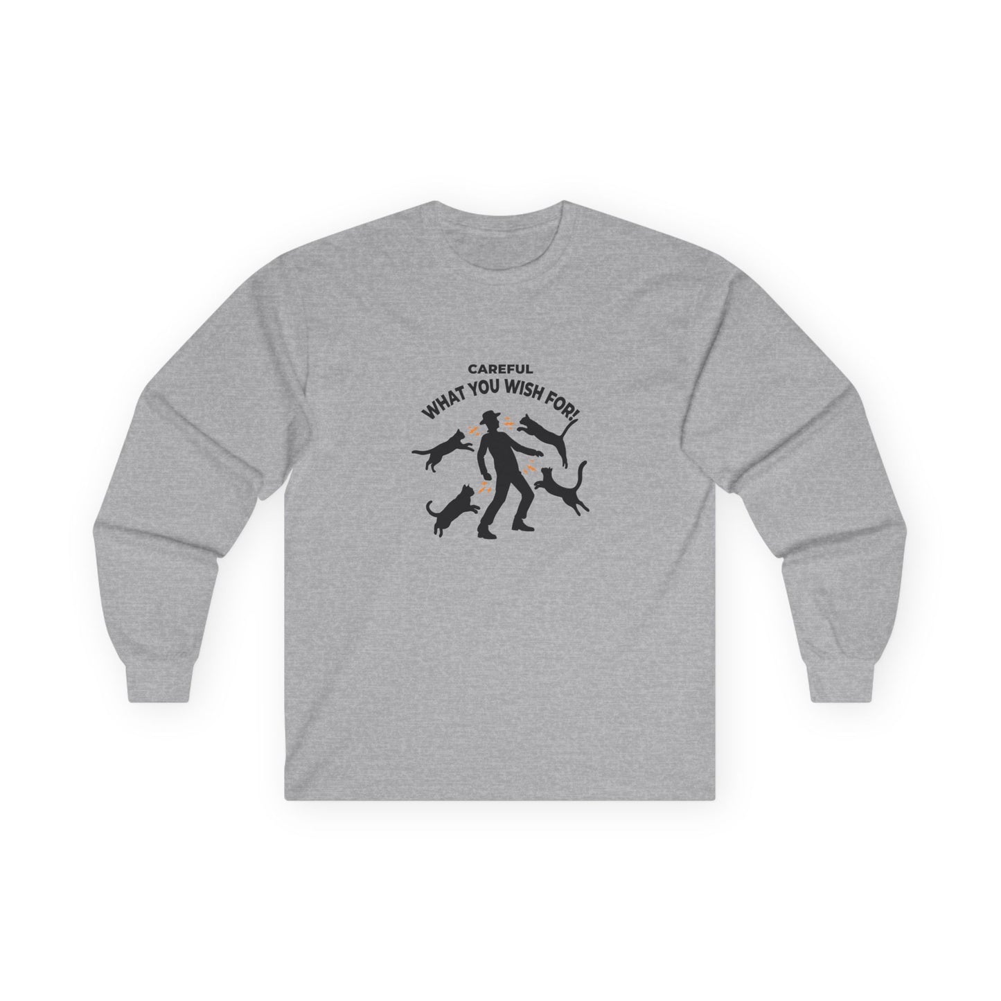 Pussy Magnet (Careful What You Wish For) shirt showing a silhouette man attracting multiple cats like a magnet humorous cat pun design