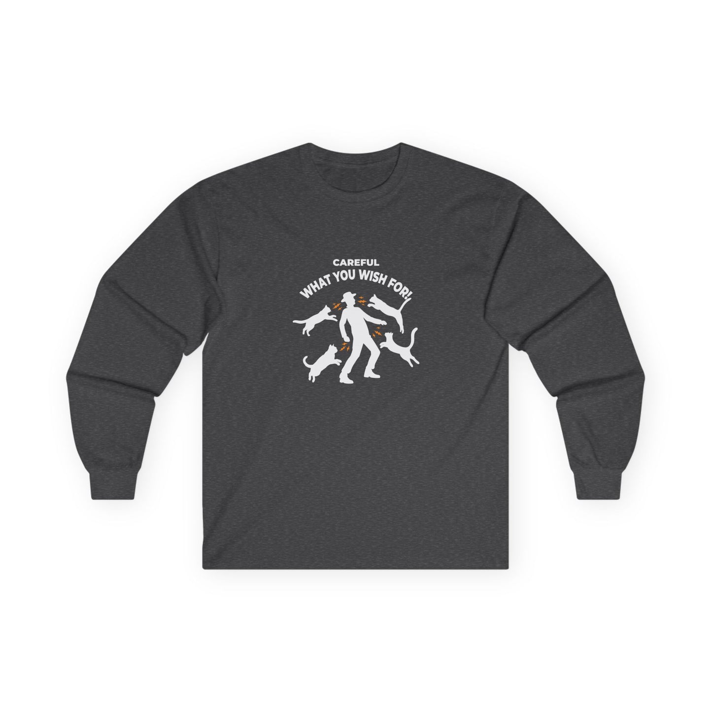 Pussy Magnet (Careful What You Wish For) shirt showing a silhouette man attracting multiple cats like a magnet humorous cat pun design