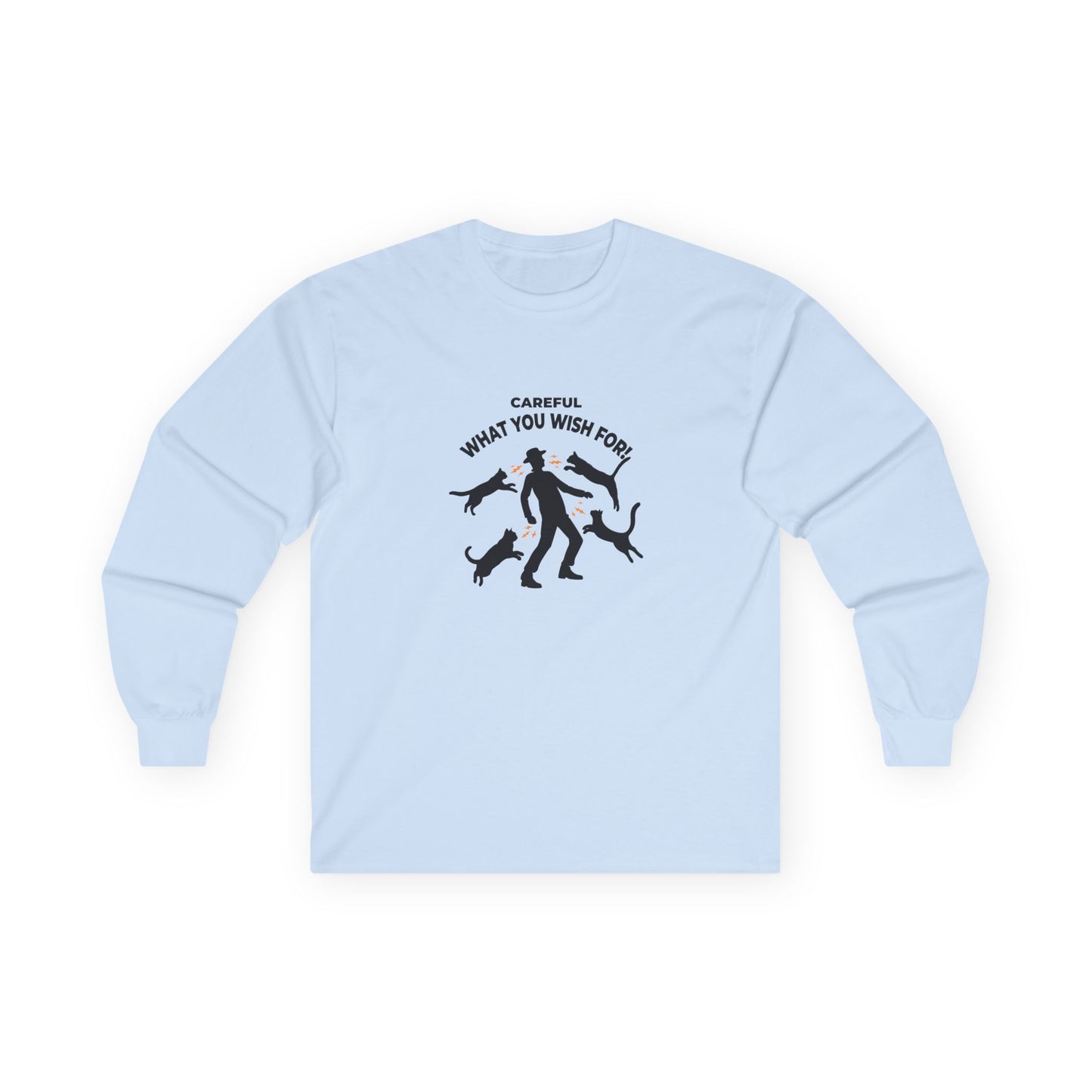 Pussy Magnet (Careful What You Wish For) shirt showing a silhouette man attracting multiple cats like a magnet humorous cat pun design