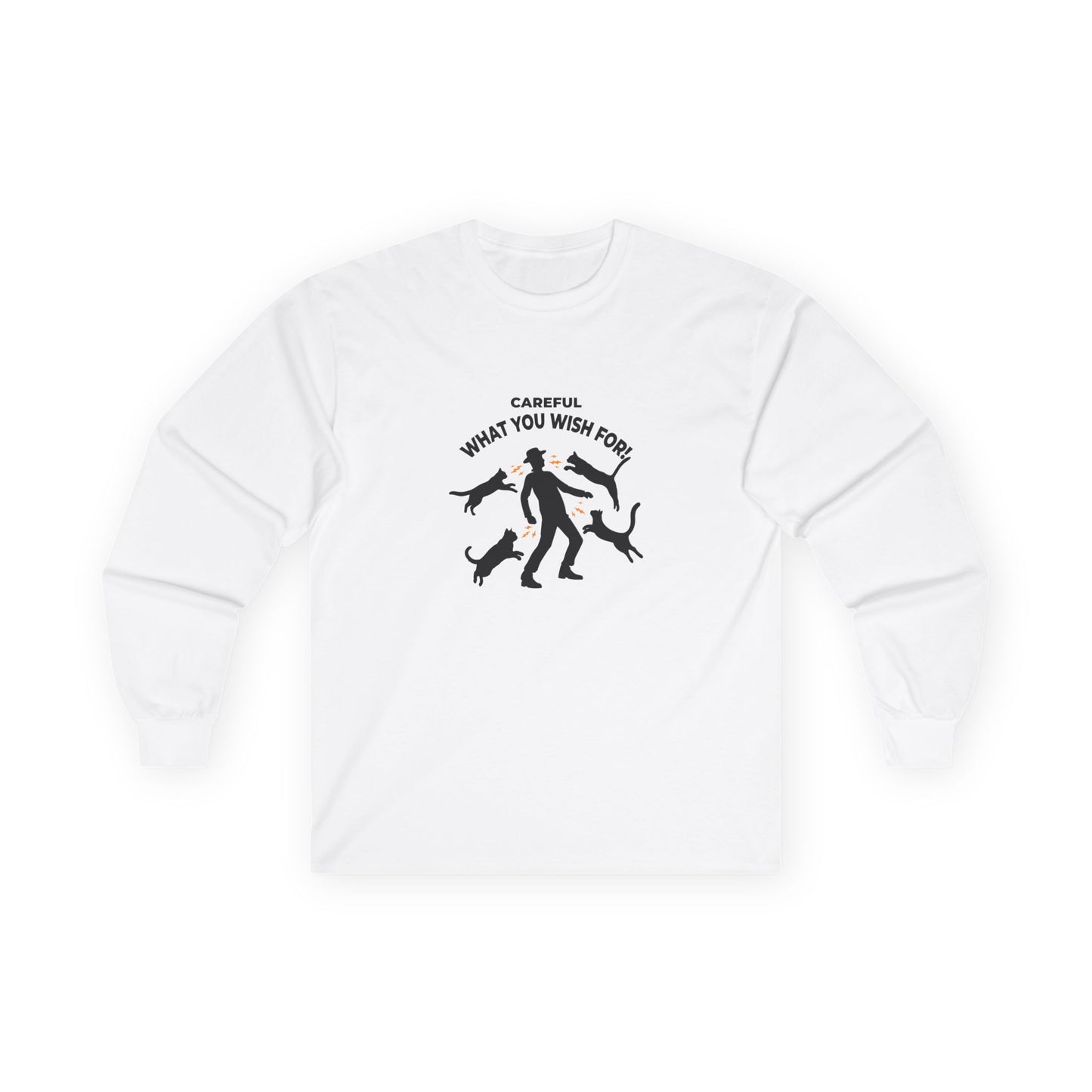 Pussy Magnet (Careful What You Wish For) shirt showing a silhouette man attracting multiple cats like a magnet humorous cat pun design