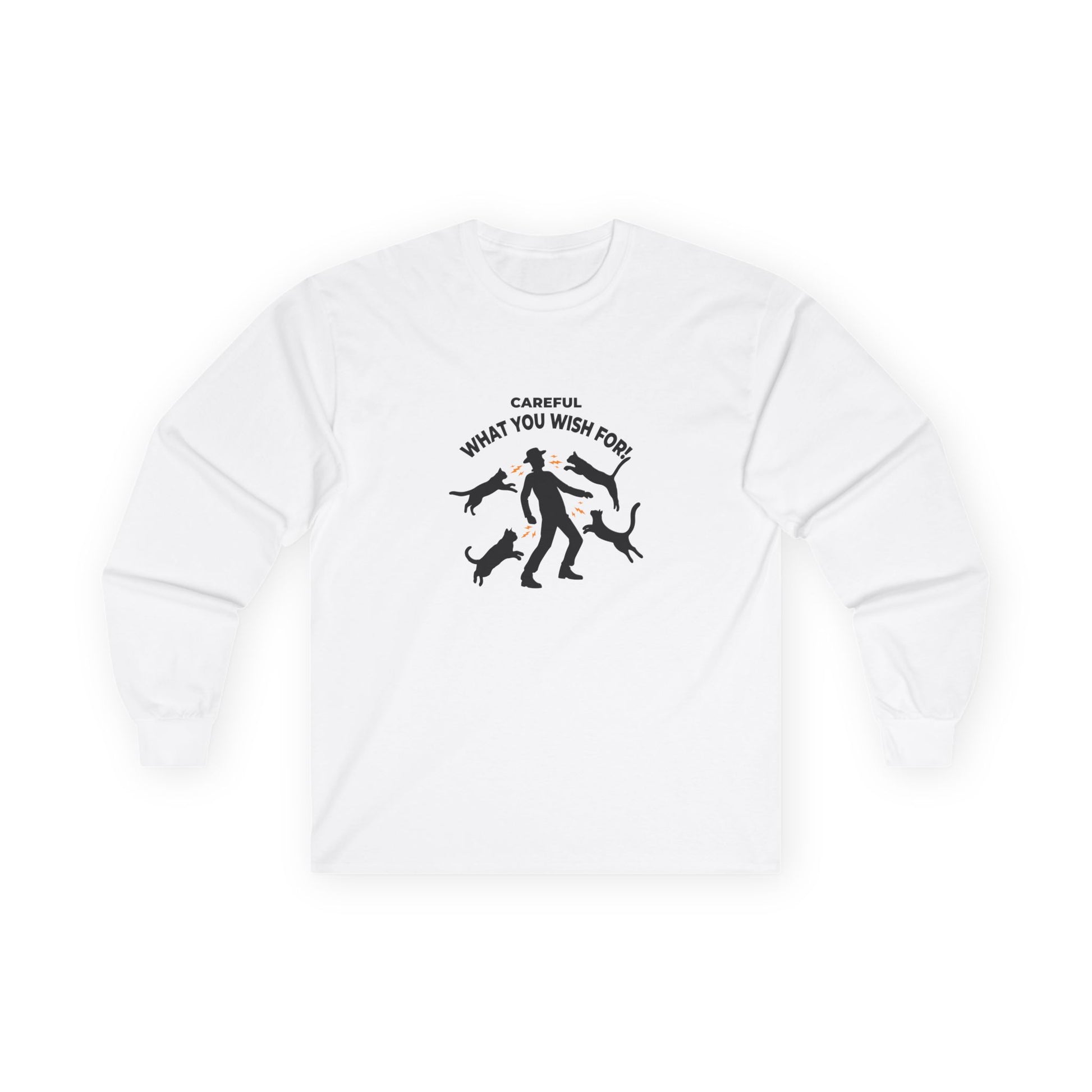 Pussy Magnet (Careful What You Wish For) shirt showing a silhouette man attracting multiple cats like a magnet humorous cat pun design