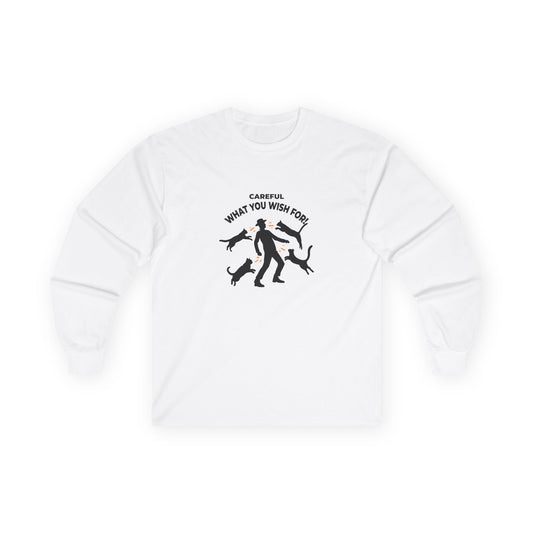 Pussy Magnet (Careful What You Wish For) shirt showing a silhouette man attracting multiple cats like a magnet humorous cat pun design
