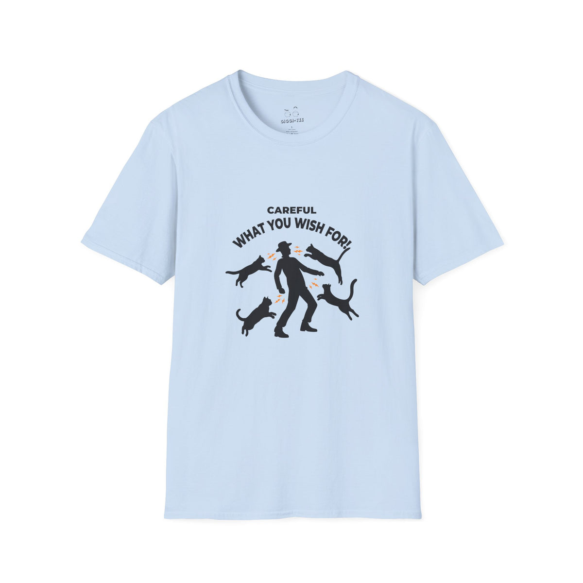 Pussy Magnet (Careful What You Wish For) shirt showing a silhouette man attracting multiple cats like a magnet humorous cat pun design