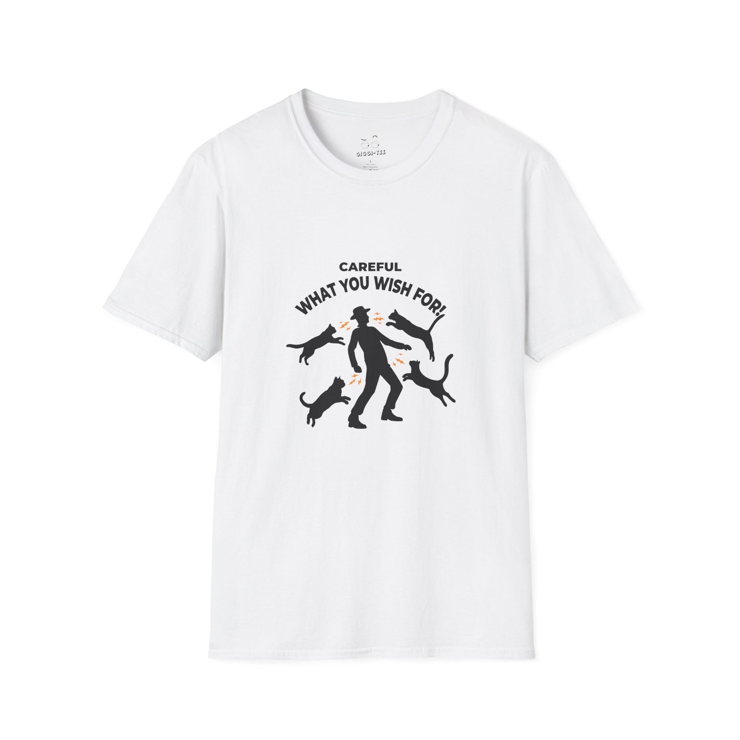 Pussy Magnet (Careful What You Wish For) shirt showing a silhouette man attracting multiple cats like a magnet humorous cat pun design