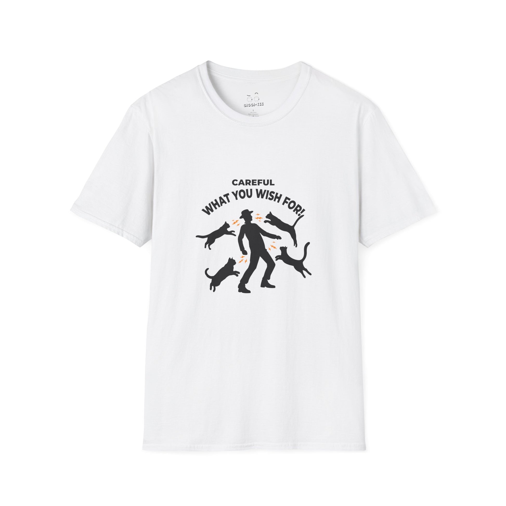 Pussy Magnet (Careful What You Wish For) shirt showing a silhouette man attracting multiple cats like a magnet humorous cat pun design