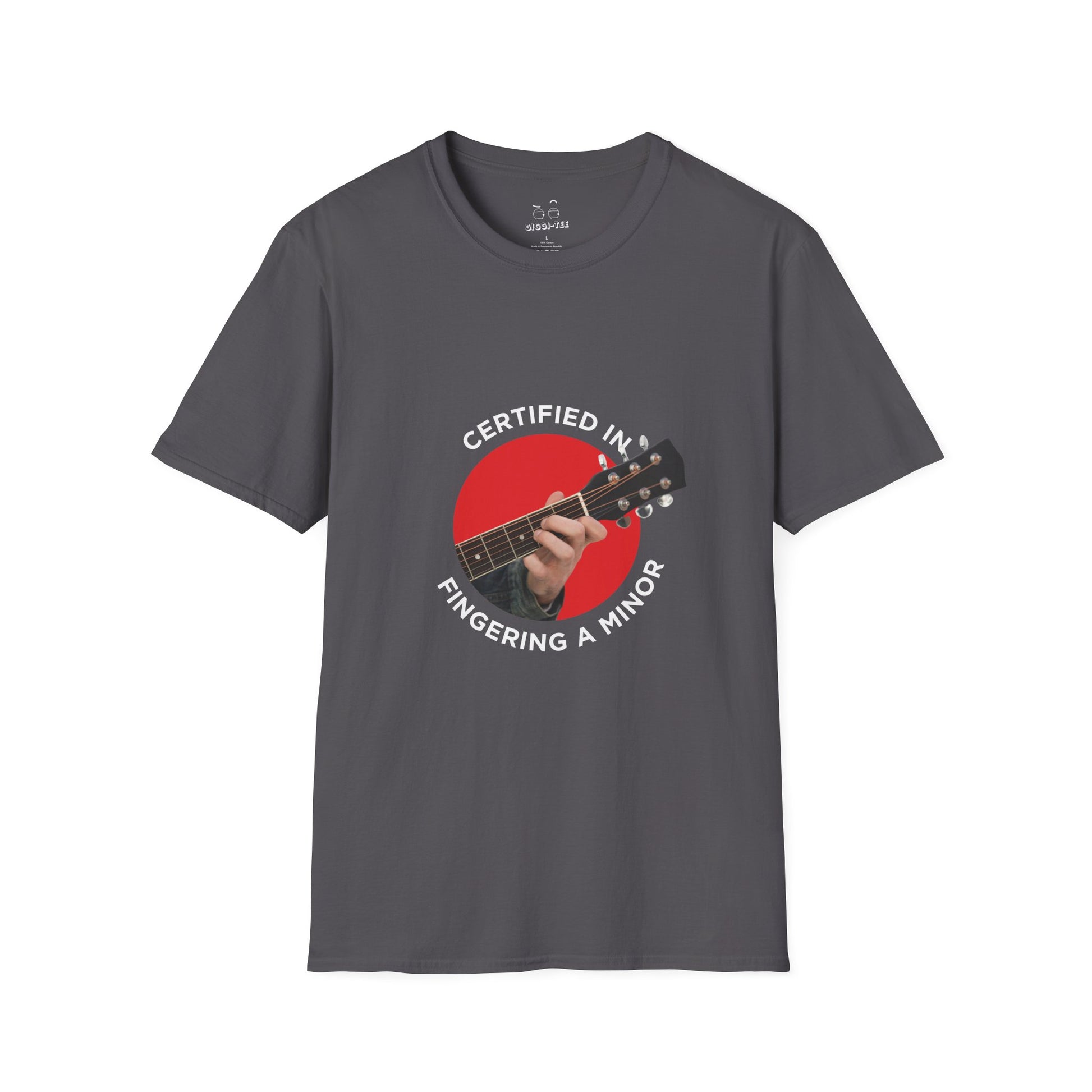 Funny t-shirt showing a hand fingering the A minor guitar chord with the phrase “Certified in Fingering A Minor,” cheeky pun for musicians.