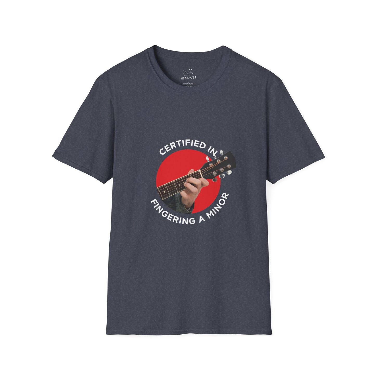 Funny t-shirt showing a hand fingering the A minor guitar chord with the phrase “Certified in Fingering A Minor,” cheeky pun for musicians.
