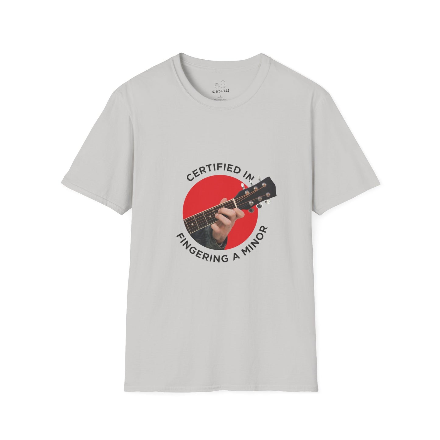 Funny t-shirt showing a hand fingering the A minor guitar chord with the phrase “Certified in Fingering A Minor,” cheeky pun for musicians.