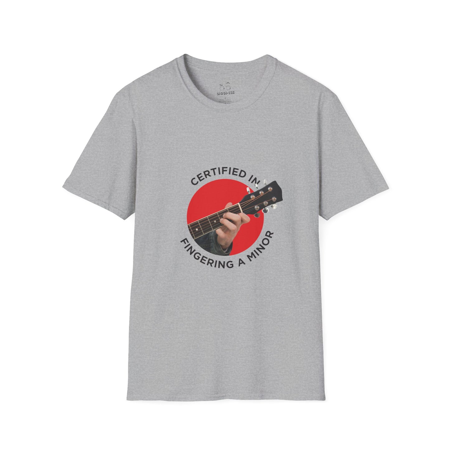 Funny t-shirt showing a hand fingering the A minor guitar chord with the phrase “Certified in Fingering A Minor,” cheeky pun for musicians.
