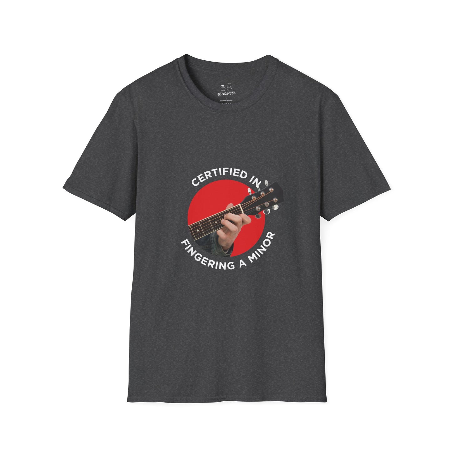 Funny t-shirt showing a hand fingering the A minor guitar chord with the phrase “Certified in Fingering A Minor,” cheeky pun for musicians.