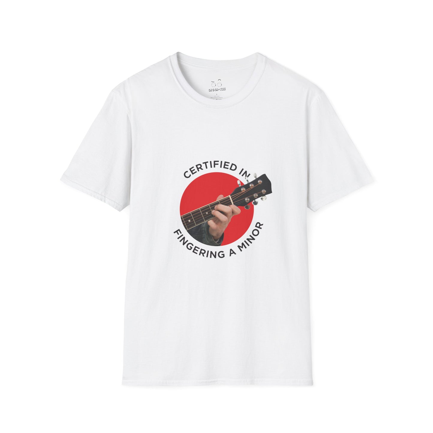 Funny t-shirt showing a hand fingering the A minor guitar chord with the phrase “Certified in Fingering A Minor,” cheeky pun for musicians.