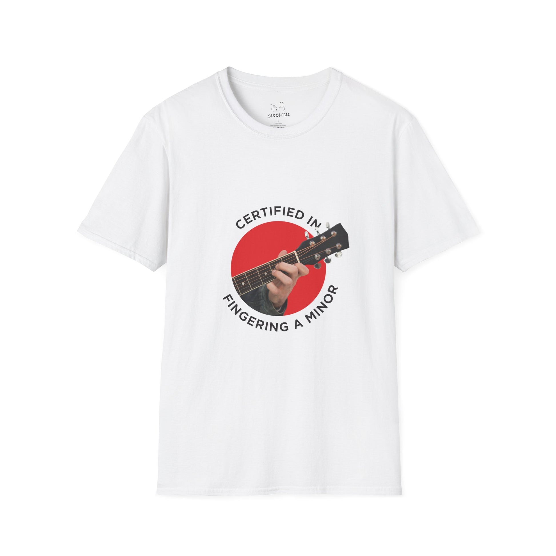 Funny t-shirt showing a hand fingering the A minor guitar chord with the phrase “Certified in Fingering A Minor,” cheeky pun for musicians.