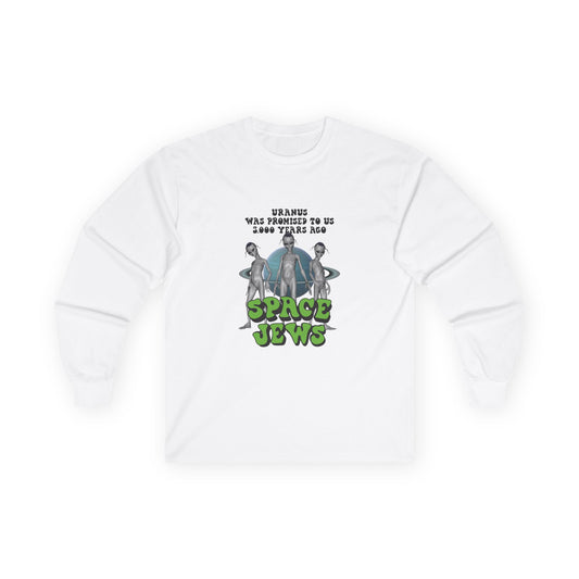 Aliens in front of Uranus, bold text: ‘Uranus was promised to us 3000 years ago – Space Jews.’ Political satire t-shirt.