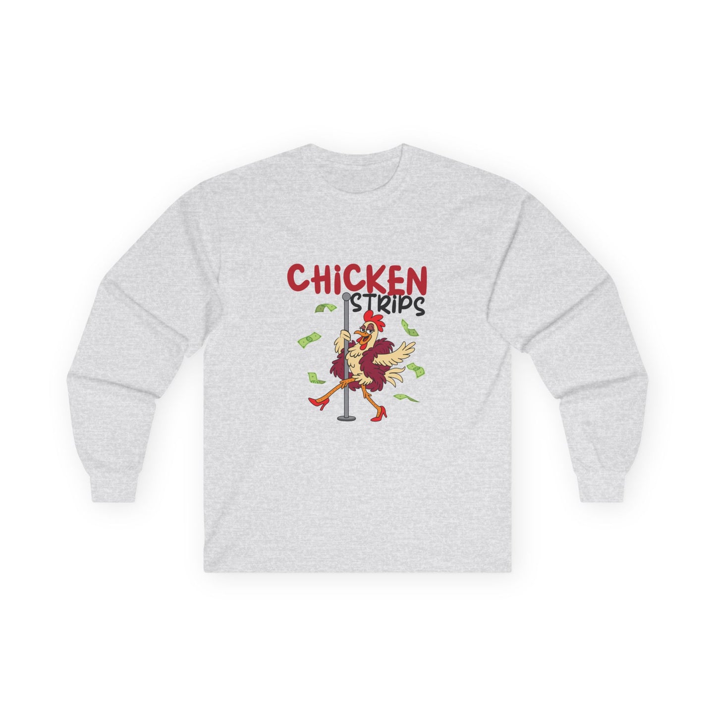 Humorous cartoon chicken wearing a fur coat and dancing on a stripper pole with dollar bills flying around, parody long sleeve t-shirt design playing on the phrase ‘chicken strips.