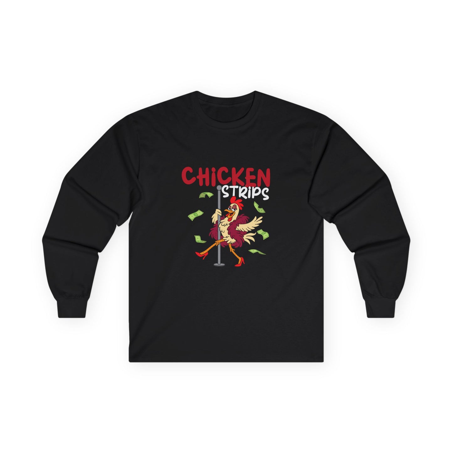 Humorous cartoon chicken wearing a fur coat and dancing on a stripper pole with dollar bills flying around, parody long sleeve t-shirt design playing on the phrase ‘chicken strips.
