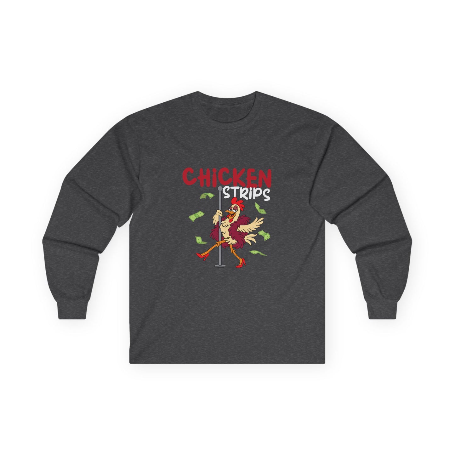 Humorous cartoon chicken wearing a fur coat and dancing on a stripper pole with dollar bills flying around, parody long sleeve t-shirt design playing on the phrase ‘chicken strips.