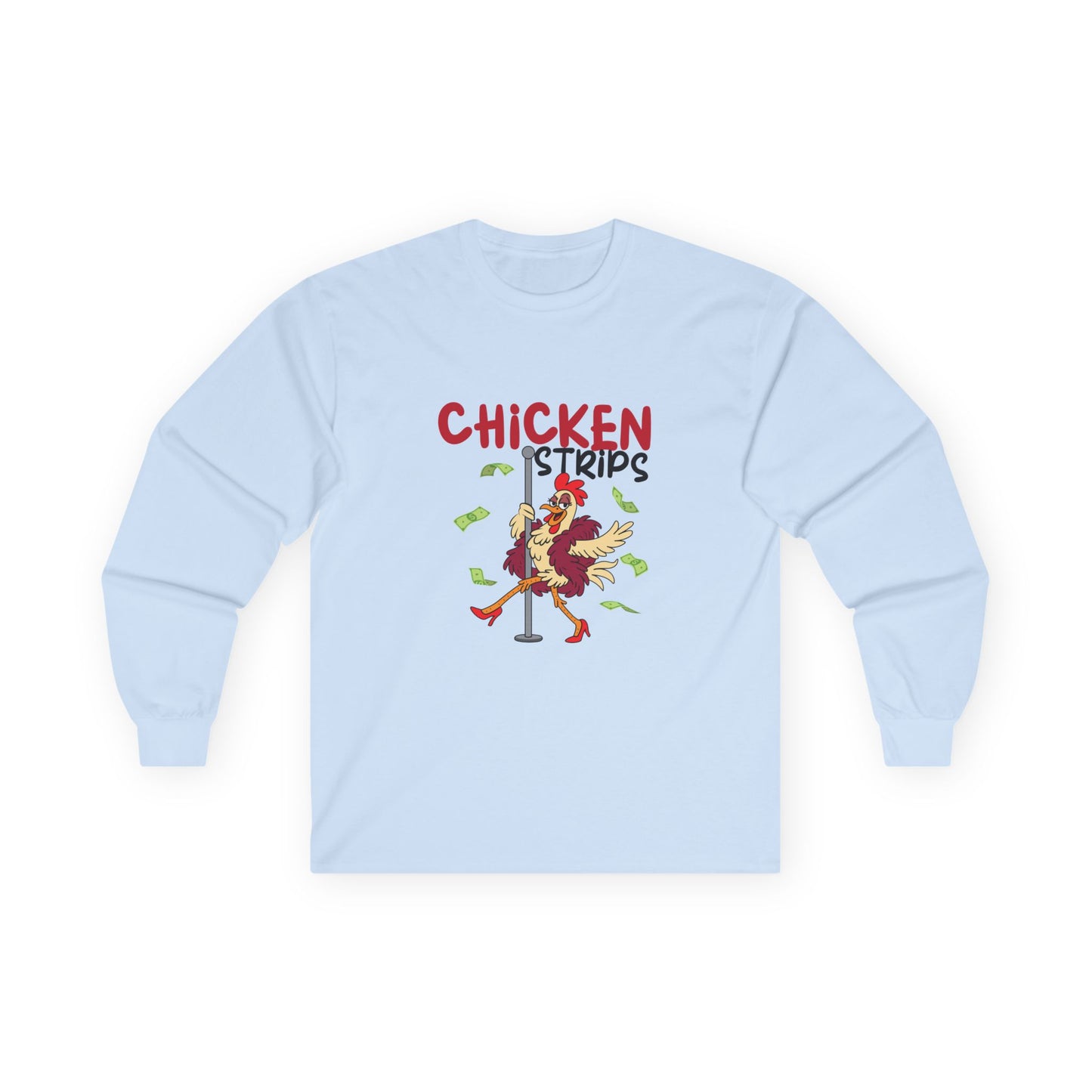 Humorous cartoon chicken wearing a fur coat and dancing on a stripper pole with dollar bills flying around, parody long sleeve t-shirt design playing on the phrase ‘chicken strips.