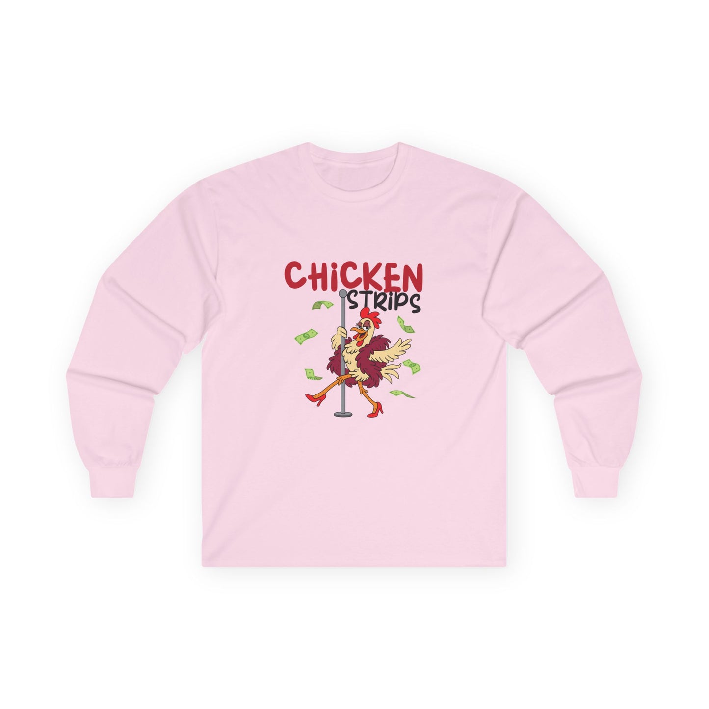 Humorous cartoon chicken wearing a fur coat and dancing on a stripper pole with dollar bills flying around, parody long sleeve t-shirt design playing on the phrase ‘chicken strips.