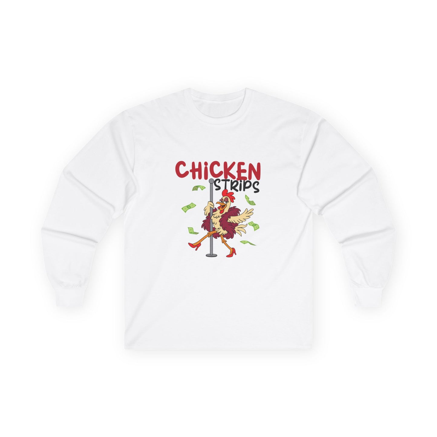 Humorous cartoon chicken wearing a fur coat and dancing on a stripper pole with dollar bills flying around, parody long sleeve t-shirt design playing on the phrase ‘chicken strips.