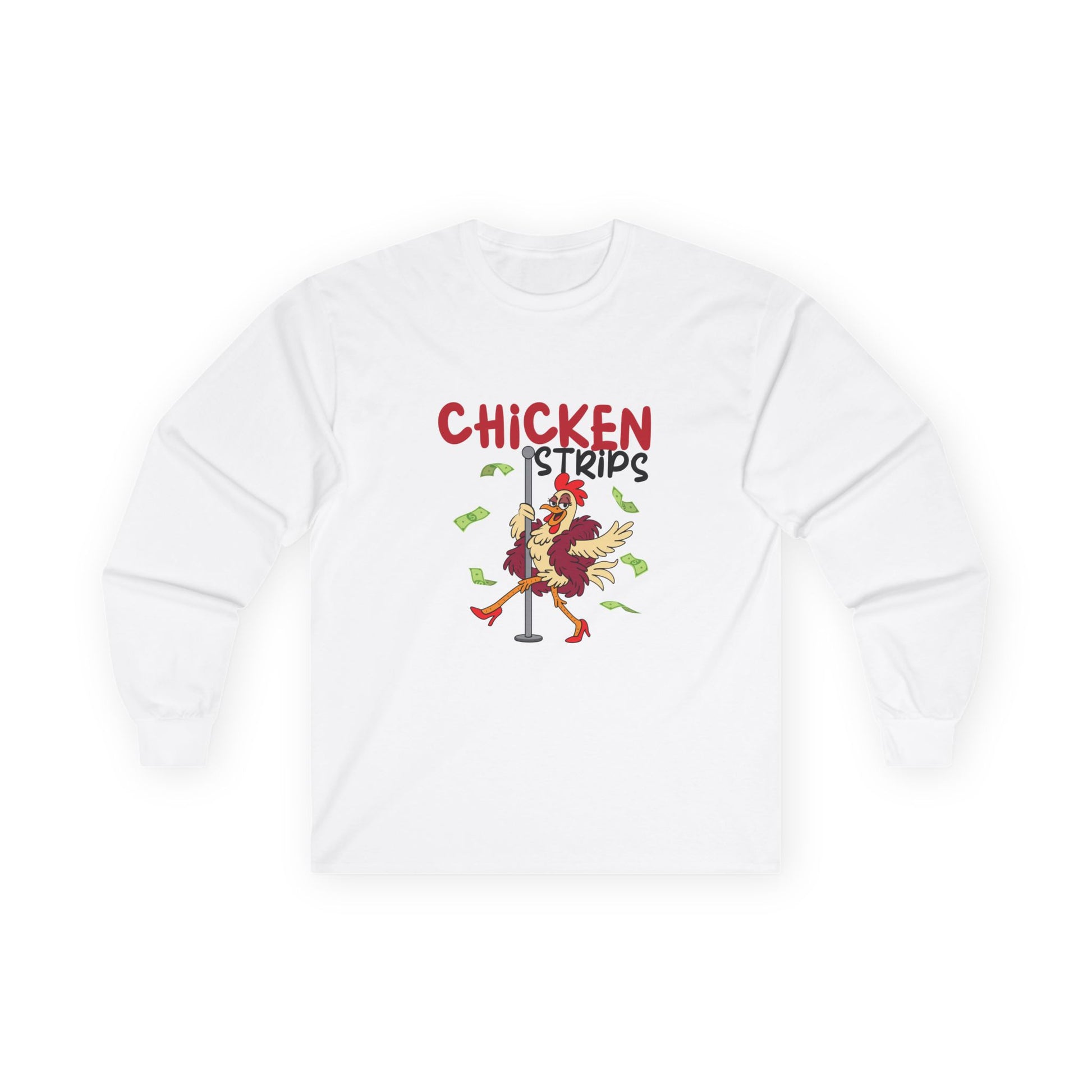 Humorous cartoon chicken wearing a fur coat and dancing on a stripper pole with dollar bills flying around, parody long sleeve t-shirt design playing on the phrase ‘chicken strips.