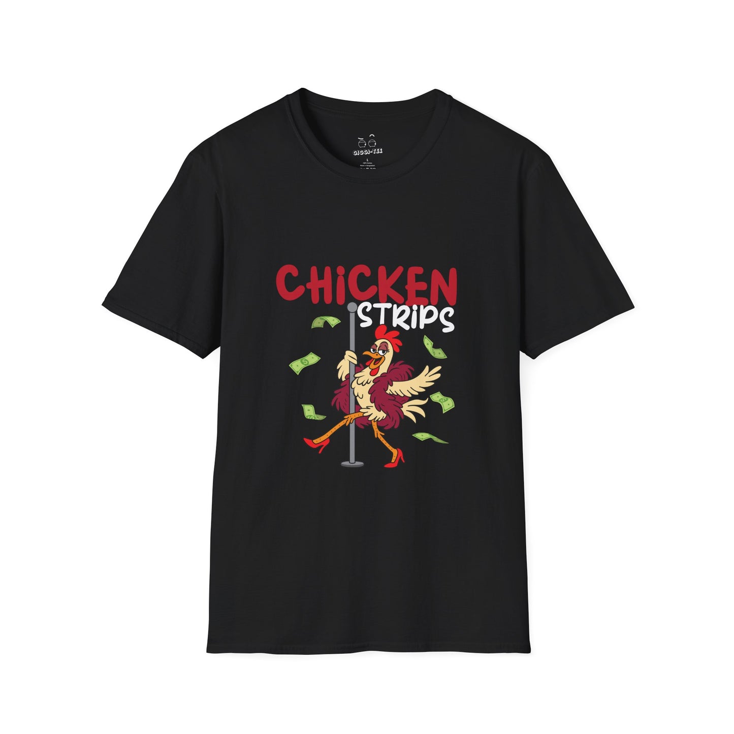 Humorous cartoon chicken wearing a fur coat and dancing on a stripper pole with dollar bills flying around, parody t-shirt design playing on the phrase ‘chicken strips.