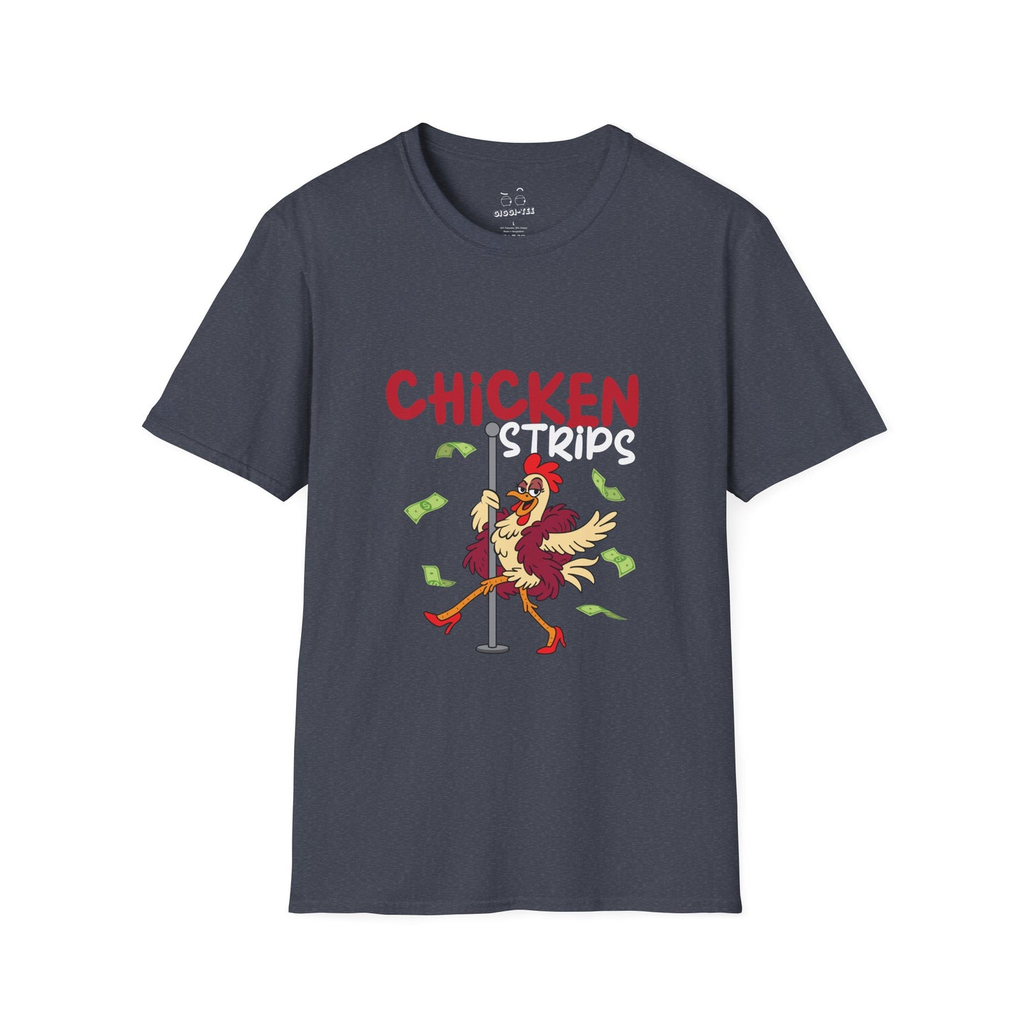 Humorous cartoon chicken wearing a fur coat and dancing on a stripper pole with dollar bills flying around, parody t-shirt design playing on the phrase ‘chicken strips.