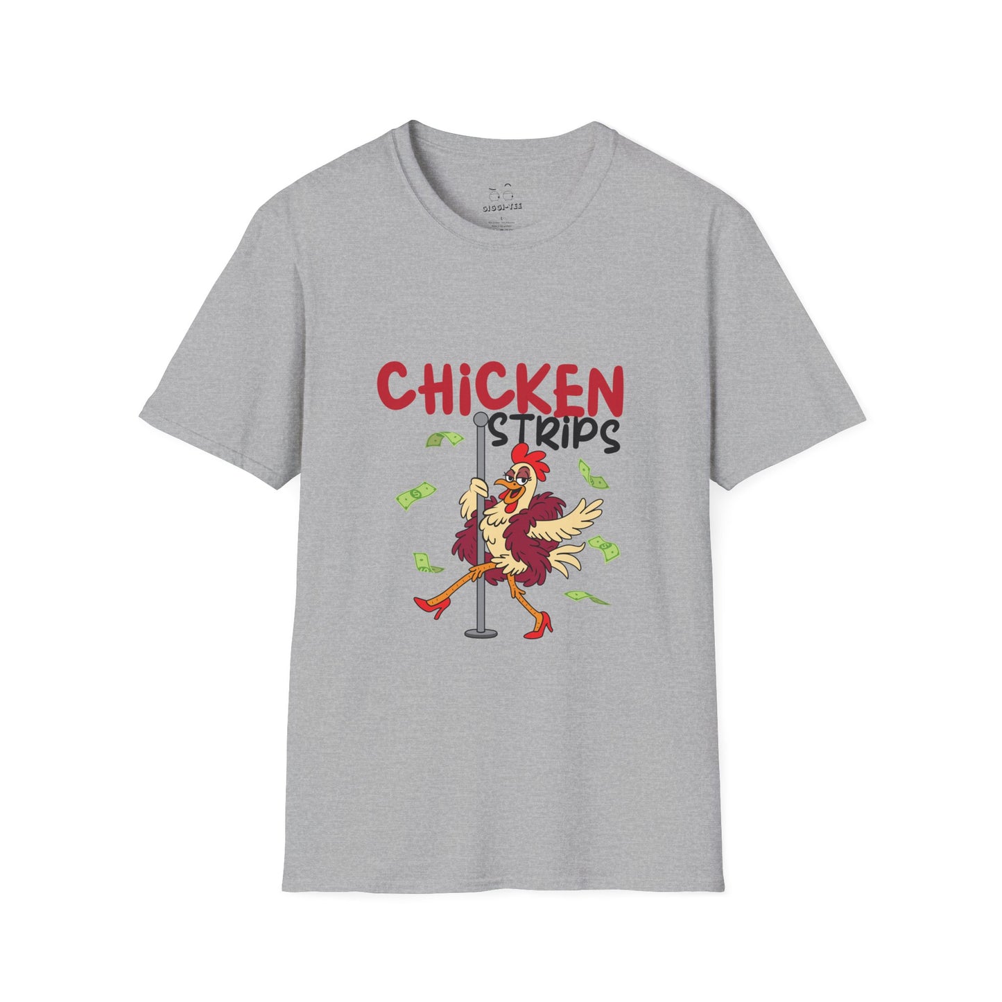 Humorous cartoon chicken wearing a fur coat and dancing on a stripper pole with dollar bills flying around, parody t-shirt design playing on the phrase ‘chicken strips.