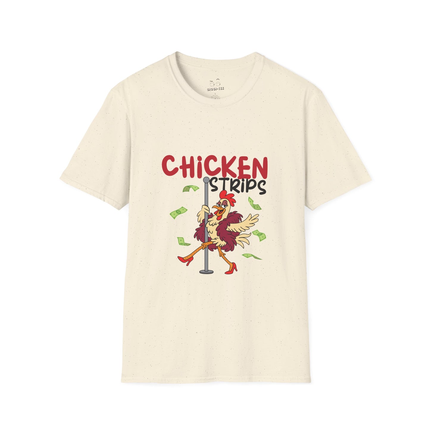 Humorous cartoon chicken wearing a fur coat and dancing on a stripper pole with dollar bills flying around, parody t-shirt design playing on the phrase ‘chicken strips.