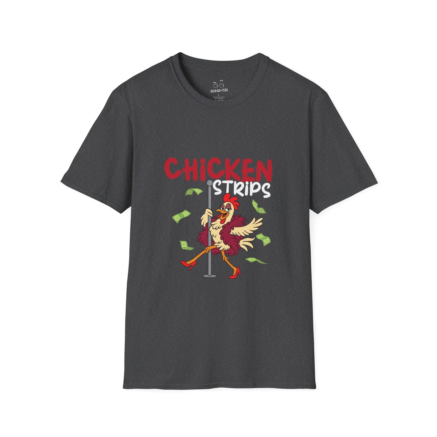 Humorous cartoon chicken wearing a fur coat and dancing on a stripper pole with dollar bills flying around, parody t-shirt design playing on the phrase ‘chicken strips.