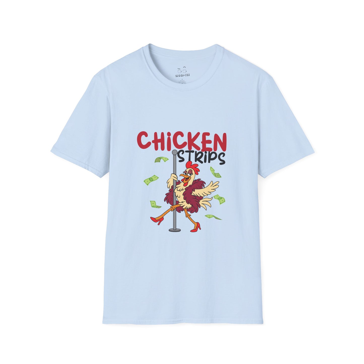 Humorous cartoon chicken wearing a fur coat and dancing on a stripper pole with dollar bills flying around, parody t-shirt design playing on the phrase ‘chicken strips.