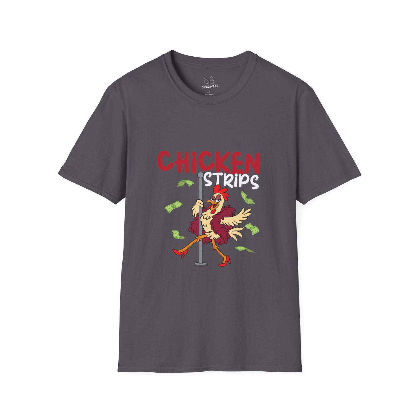 Humorous cartoon chicken wearing a fur coat and dancing on a stripper pole with dollar bills flying around, parody t-shirt design playing on the phrase ‘chicken strips.